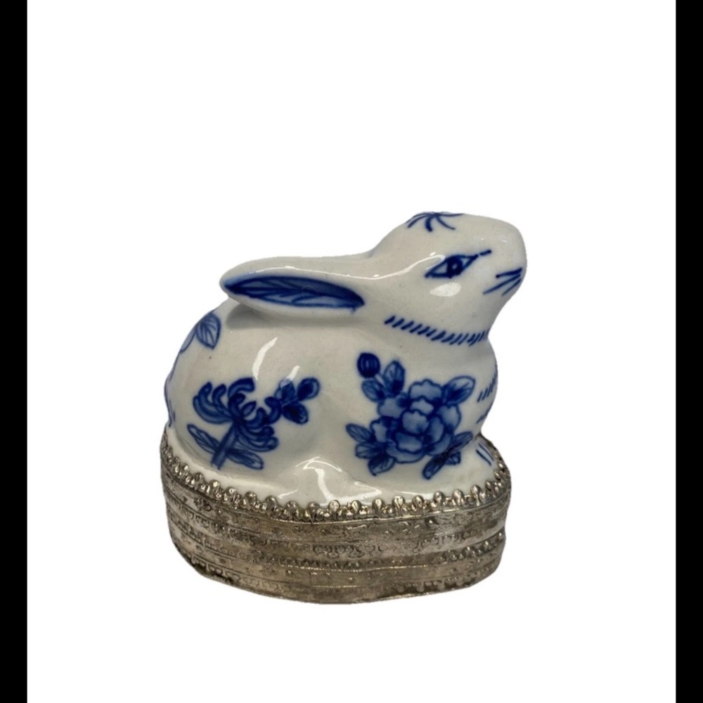 Rabbit Trinket Box Blue White Floral Chinoiserie Ceramic Metal Jewelry Gift